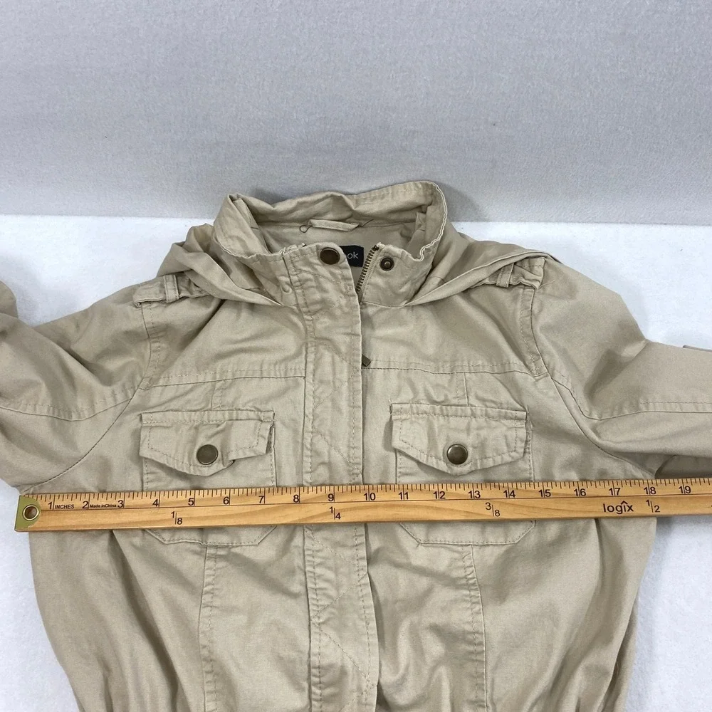 New Look Utility Jacket Women Medium Tan Hooded Drawstring Waist Field Coat